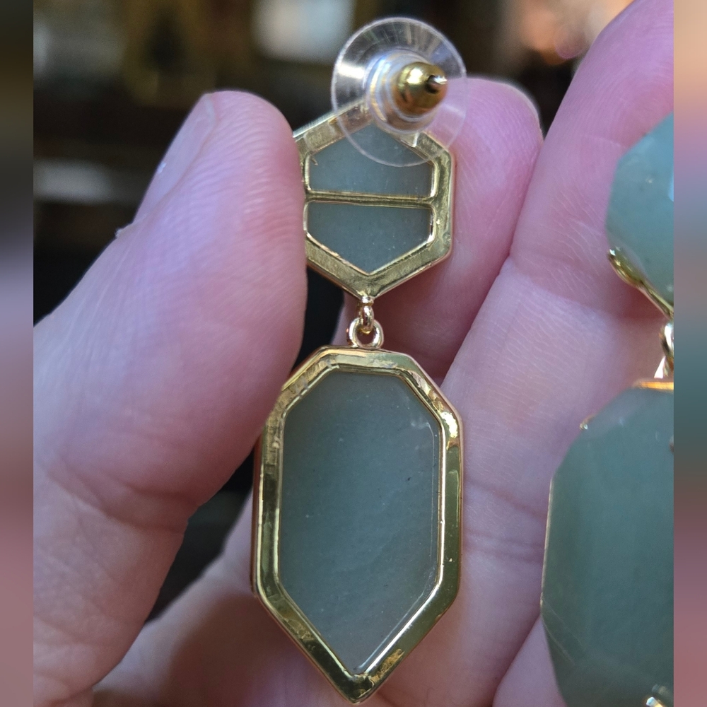Nephrite Gemstone Gold Earrings - Picture 7 of 7